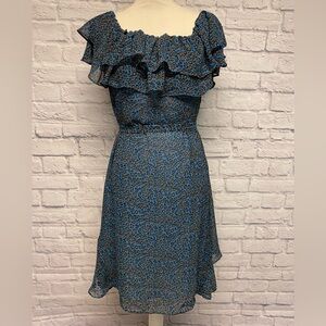 See the Shades Blue Leopard Print Ruffle Dress Sz L